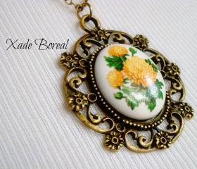 Price Reduced! Porcelain marigold flower pendant necklace